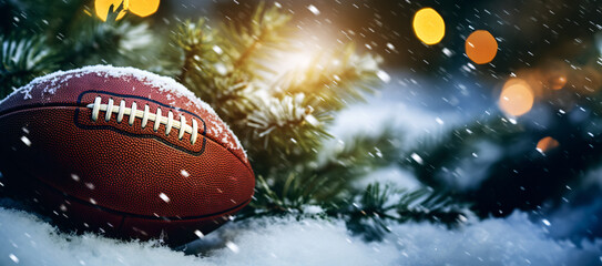 American football ball on the snow on a snowy day during the Christmas and New Year holidays - obrazy, fototapety, plakaty