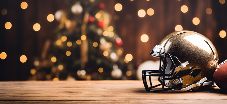 American football helmet on an empty table with a background of Christmas lights