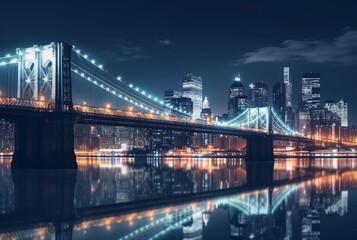 Fototapeta na wymiar bridge over river in urban area with view of city lights. generative ai