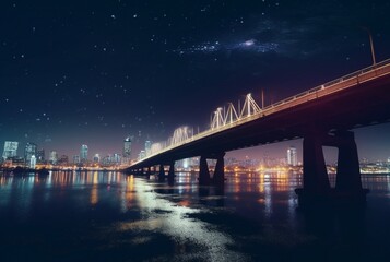 bridge over river in urban area with view of city lights. generative ai