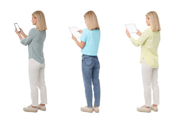 Fototapeta premium Woman using different devices on white background, set of photos