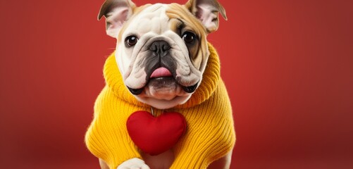 A Bulldog wearing a stylish red sweater, holding a heart-shaped plush toy against a yellow backdrop, captured in a cozy setting filled with love.