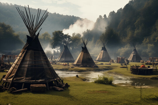 A serene landscape featuring a Native American tipi village