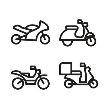 Motorcycles icon set. List of different types of motorcycle, bike, and motorbike icon sets. Simple and modern motorcycle vector icon set.