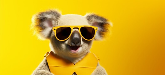A giggling koala wearing sunglasses, holding a sign that says "Koalafied for Fun" on a solid yellow background.