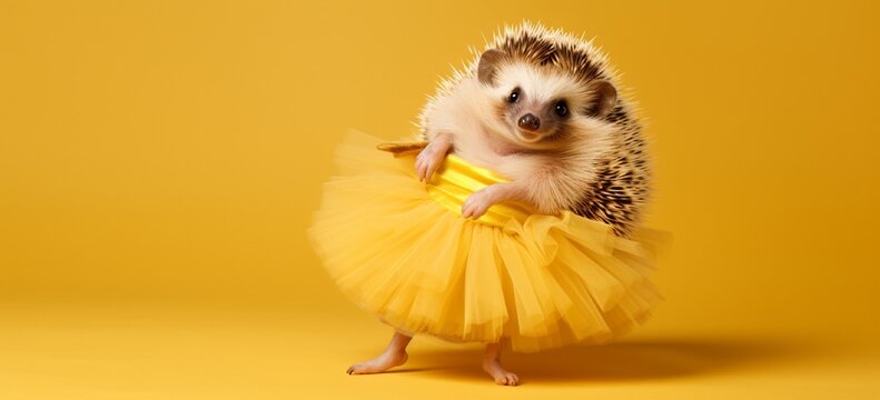 A giggling hedgehog wearing a tutu and ballet shoes, striking a pose on a solid yellow background.