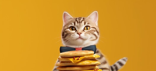 A grinning cat wearing a bowtie, balancing a stack of pancakes on its head against a solid yellow...