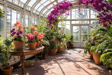 Fototapeta na wymiar Orchid Color Explosion: Embracing Vibrant Tropical Designs in a Greenhouse