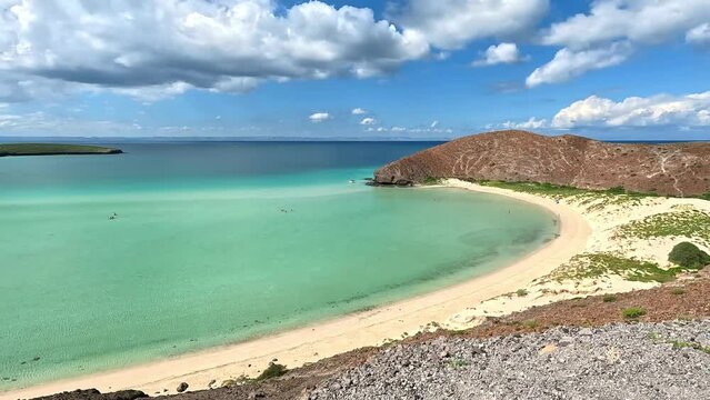 Panoramic view of mexican beach Playa Balandra, La Paz, Mexico. White sand and blue water.  