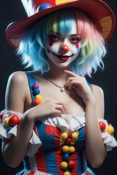 a girl wearing a clown hat, cutecore clowncore, y 2 k cutecore. ai generative