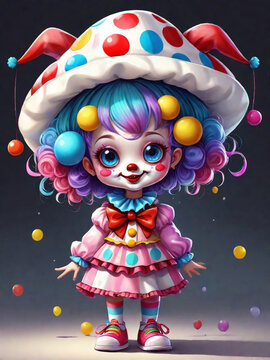 a little girl wearing a clown hat, cutecore clowncore, y 2 k cutecore, cartoon illustration