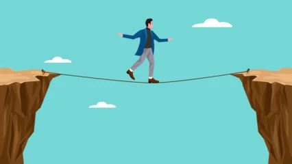 Foto op Canvas two cliff concept illustration with a Businessman crosses gap between cliffs using rope, business risk symbol, determination, motivation © Vanz Studio