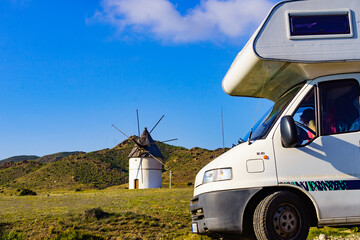 Caravan and wind mill in Spain