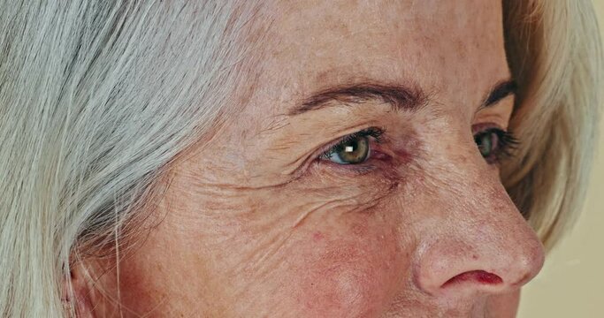 Senior, woman and eye vision closeup for assessment test, glaucoma or prescription exam. Old female person, wrinkles and dementia for confused problem or thinking lonely mental, alzheimer or profile