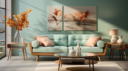 Green sofa and orange chairs against wall with poster frame. Mid-century, vintage, retro style home interior design of modern living room