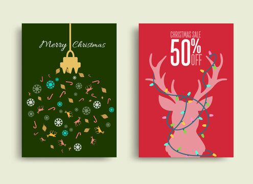 Winter and Christmas sale vector poster or banner set with discount text reindeer ornament and elements in red and green background for shopping promotion. Vector illustration.