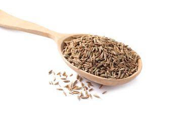 Spoon of aromatic caraway (Persian cumin) seeds isolated on white - obrazy, fototapety, plakaty