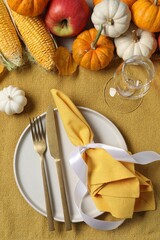 Happy Thanksgiving day. Beautiful table setting and autumn decoration, flat lay
