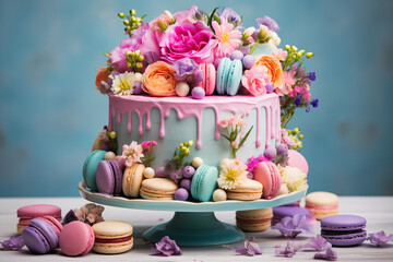 Obraz na płótnie Canvas A whimsical birthday cake covered in vibrant, edible flowers and topped with a cascade of pastel macarons