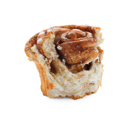 Tasty bitten cinnamon roll isolated on white