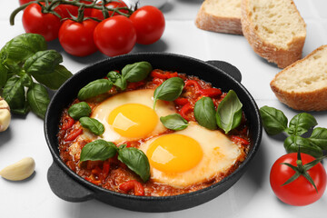 Delicious Shakshuka served on white tiled table, closeup
