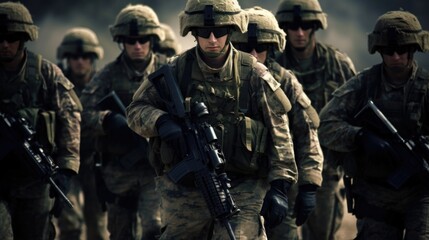 Group of soldiers go on operation with weapons and tanks, on a war