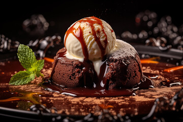 A decadent chocolate lava cake oozing with rich molten ganache, served with a scoop of vanilla ice cream - Powered by Adobe