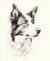 Fototapeta premium minimalist detailed pen drawing on white paper of a border collie looking up. generative AI