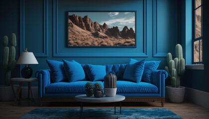 Interior of living room with blue sofa
