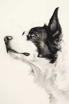 minimalist detailed pen drawing on white paper of a border collie looking up. generative AI