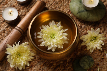 Fototapeta na wymiar Tibetan singing bowl with water, beautiful chrysanthemum flowers, mallet and burning candle on table, above view