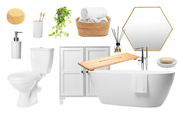 Mood board with bath tub, toilet, bathroom supplies and decorative elements on white background