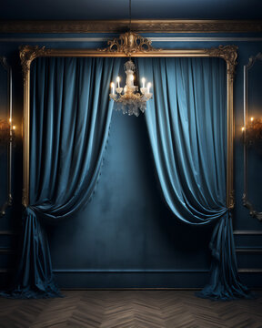 Luxury classic blue curtain on the wall