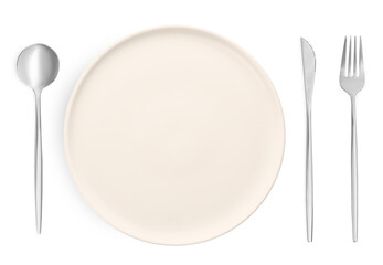 Empty beige plate with fork, knife and spoon on white background, top view