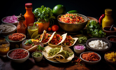 Festive taco bar scene with an array of colorful toppings, salsas, and guacamole