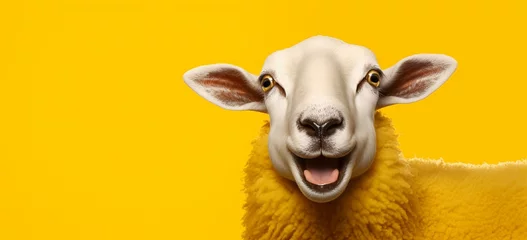 Ingelijste posters Cheeky sheep sticking out its tongue and making a funny face on yellow. © Shamsher