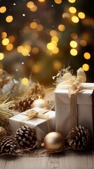 Gift boxes and pine cones and branches on bokeh background