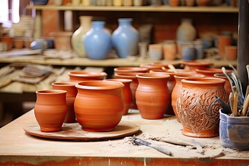 Fototapeta na wymiar Artisan Terracotta: Warm Pottery Workshop for Vibrant, Earthy Designs