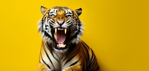 Fierce tiger on a solid yellow background with copy space.