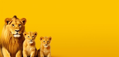 Lion family on a solid yellow background with copy space.