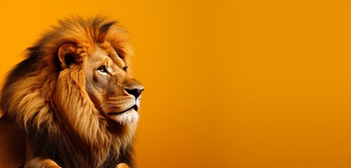 Majestic lion on a solid yellow background with copy space.