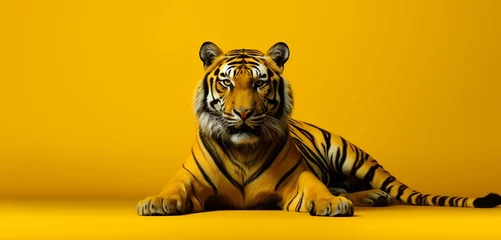 Zelfklevend Fotobehang Majestic tiger on a solid yellow background with copy space. © Shamsher