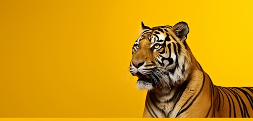Majestic tiger on a solid yellow background with copy space.