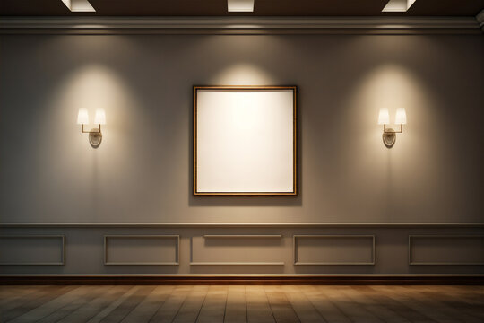 Empty frame hang on the wall with lamp in minimalist classic gallery