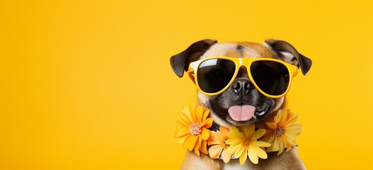 Playful dog wearing sunglasses and a Hawaiian lei on yellow.