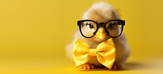 Silly duckling wearing oversized glasses and a yellow bow on yellow.