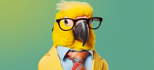 Witty parrot wearing a bow tie and holding a microphone, ready to tell jokes on yellow. - obrazy, fototapety, plakaty