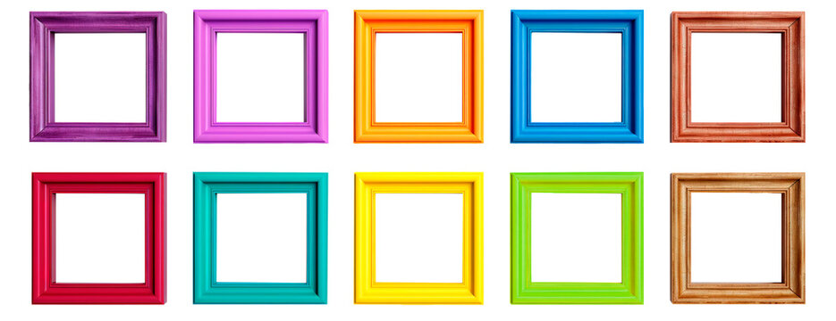 Many picture wooden frames in vibrant color tones over white transparent background