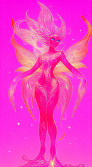A mesmerizing creature bathed in ethereal pink hues, leaving traces of magic and wonder wherever she roams