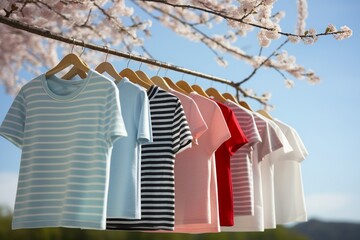 striped t-shirts hanging on the clothesline, clothes hanging on the clothesline, clothesline, clothes hanging for drying on the clothesline